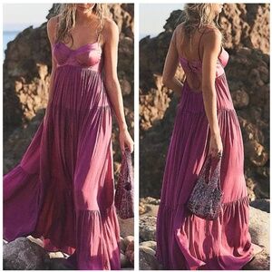 kesslyn slip maxi dress Stolen Stores SWAN SLIP MAXI DRESS IN BURGUNDY AND PINK